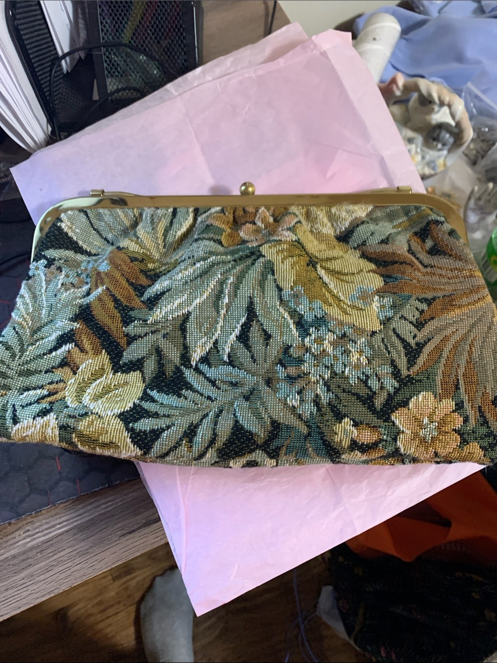Vintage Floral Tapestry Clutch Bag in Green and Brown